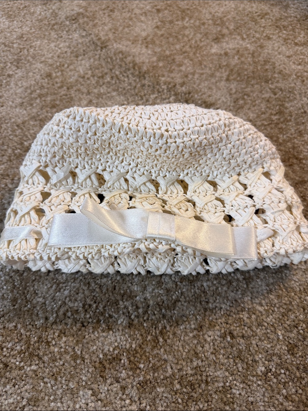 Cream Crochet Kids Sun Hat with Satin Bow Accent